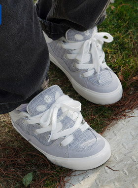 顽刻官方面包鞋灰色小香风翻毛皮帆布拼接秋冬BAKE男女国潮滑板鞋