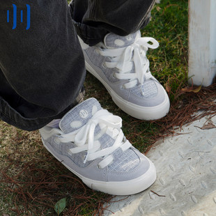 顽刻官方面包鞋 灰色小香风翻毛皮帆布拼接秋冬BAKE男女国潮滑板鞋