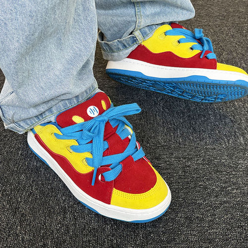 顽刻红黄蓝拼接情侣滑板鞋