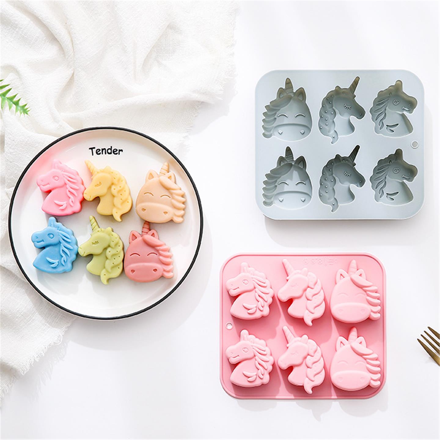 新品 6连3种不同独角兽造型硅胶模具蛋糕巧克力模手工皂冰块模具