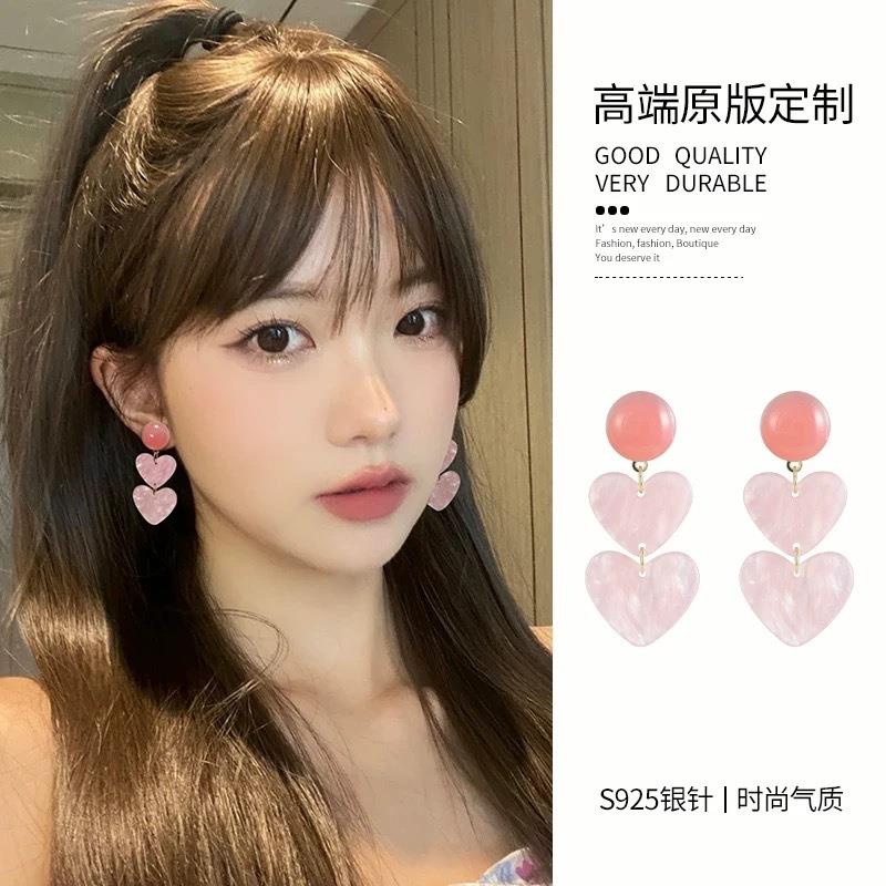 粉色简约耳环长款气质爱心耳钉女小众温柔甜美可爱桃心耳饰品耳坠
