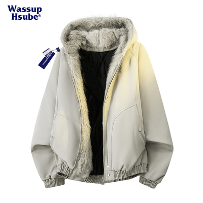 美式座山雕毛领连帽棉服男