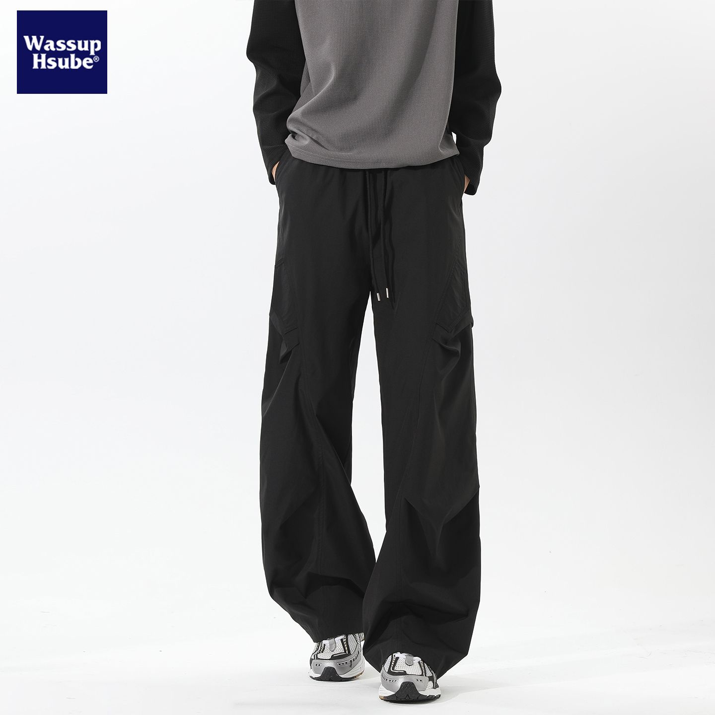 纯色褶皱垂感工装裤男