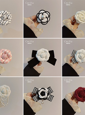 小香风山茶花珍珠胸针高档女精致蝴蝶结花朵胸花西装毛衣别针配饰