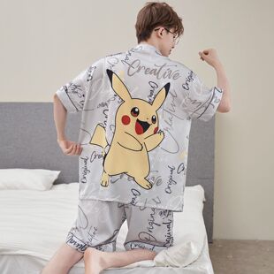 2026新款睡衣男冰丝夏季休闲宽松短袖短裤开衫舒适家居服两件套