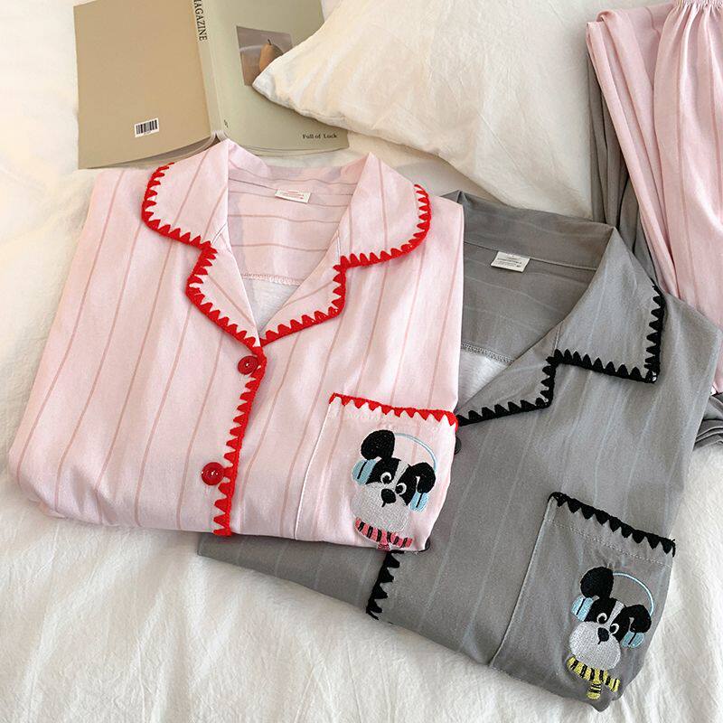 2026春季新款条纹腊肠狗纯棉情侣睡衣男女长袖格子家居服套装外穿