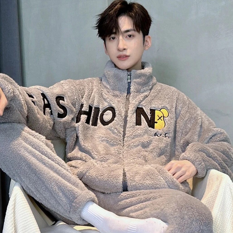 2025新款珊瑚绒睡衣男冬季加厚保暖大码法兰绒套装斑马条纹家居服