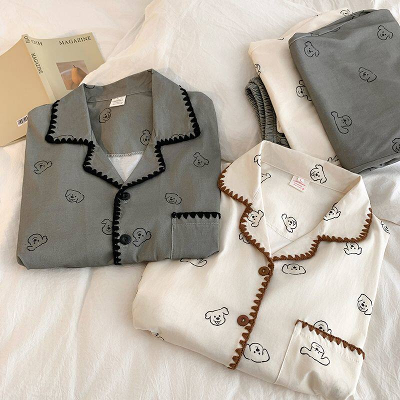 2026春季新款条纹腊肠狗纯棉情侣睡衣男女长袖格子家居服套装外穿