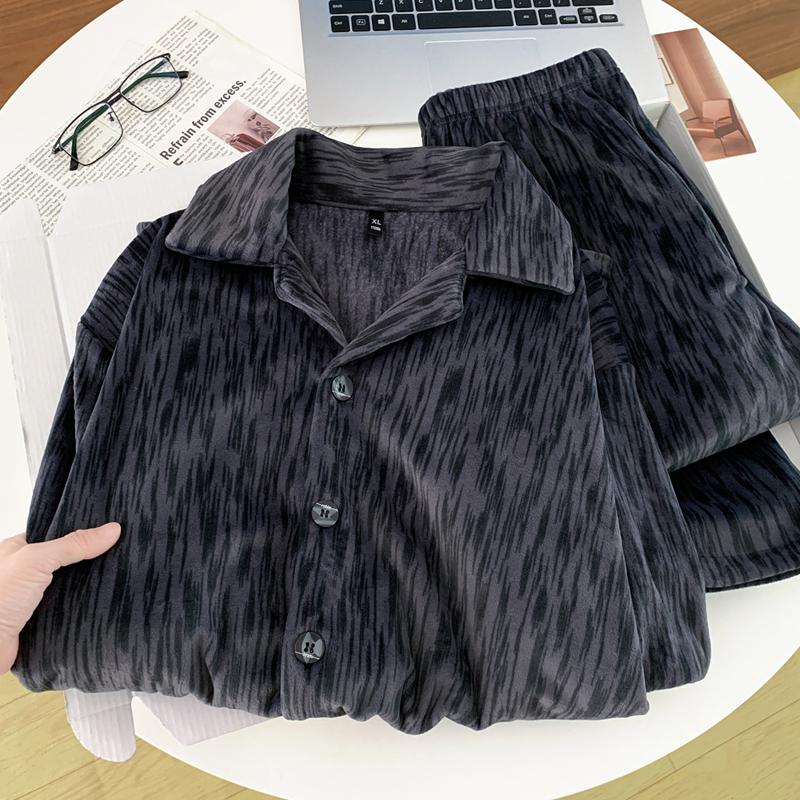 2025新款睡衣男士秋冬季海岛绒条纹长袖青少年大码保暖家居服套装