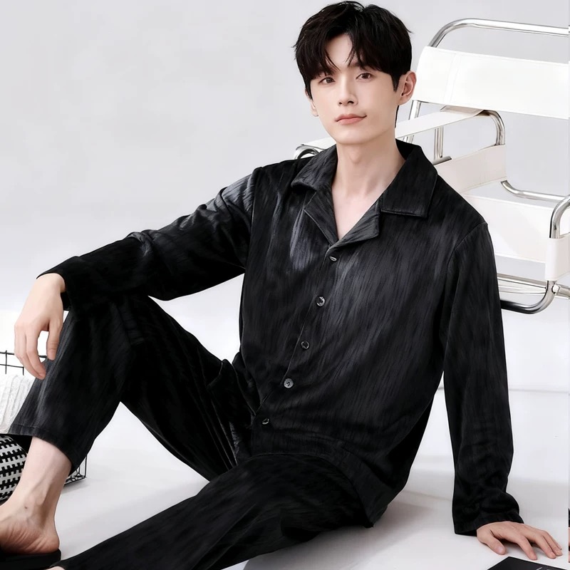 2025新款睡衣男士秋冬季海岛绒条纹长袖青少年大码保暖家居服套装