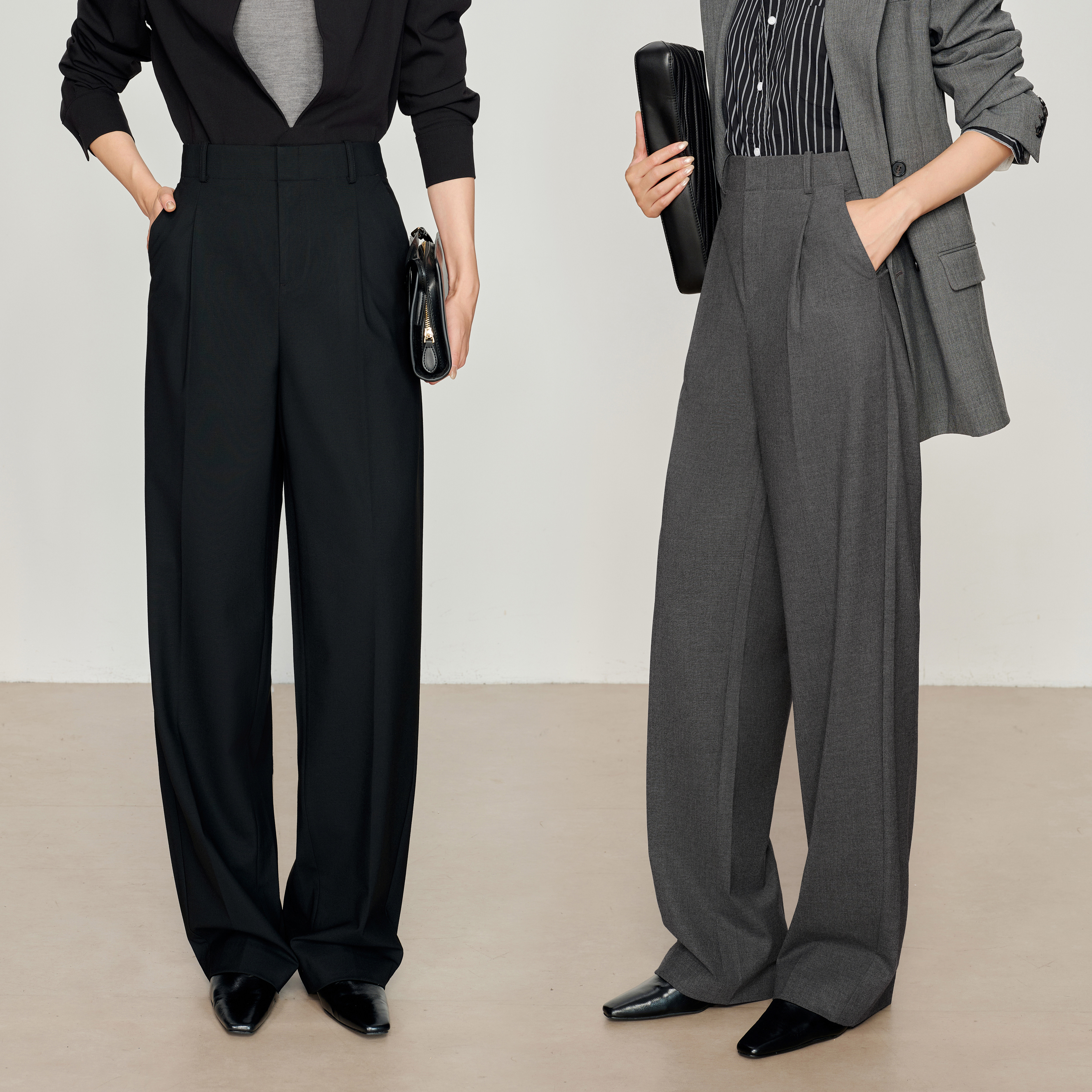 【满分通勤】精纺羊毛深灰色西装裤女老钱风窄版阔腿休闲西裤6003