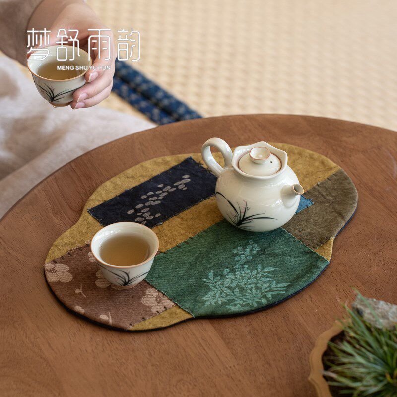手工拼布干泡茶席草木色扎染侘寂风小茶席中式老粗布桌旗茶道配件