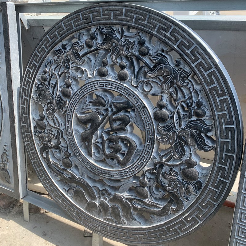 石雕镂空窗花 浮雕壁画青石板 新中式庭院装饰圆形长形石窗地雕