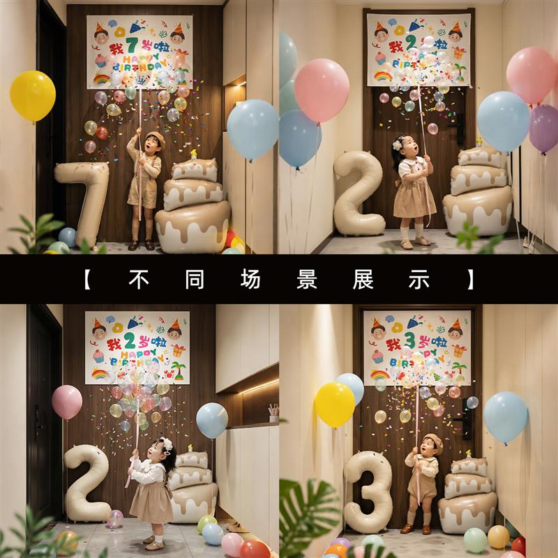 生日拉绳气球雨场景布置装饰2岁男孩女宝儿童派对氛围仪式背景布