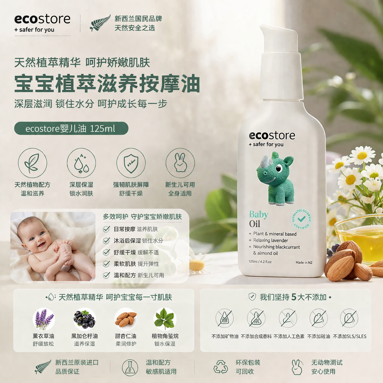 新西兰ecostore宜可诚婴儿润肤油BB油按摩宝宝身体滋润肌肤保湿