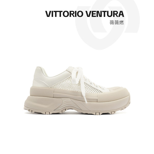 VITTORIOVENTURA/薇薇燃牛皮拼接钻网包头厚底休闲板鞋