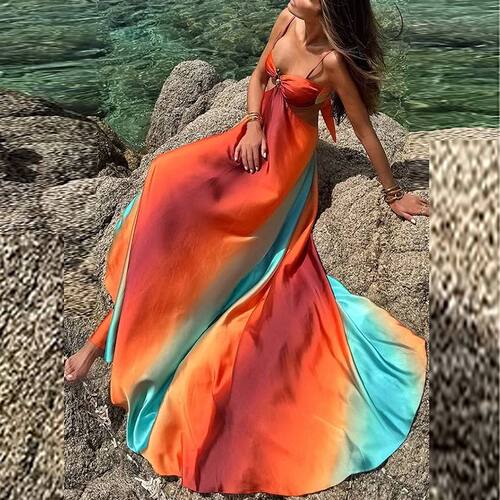 Women's color blocked hollow dress女士拼色无袖镂空长款连衣裙