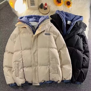 夹克情侣假两件外套 加厚连帽外套男学生厚款 秋冬季 户外棉服男女款