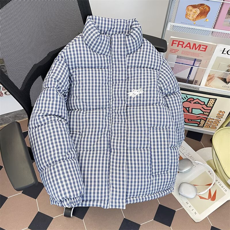 冬季格子棉衣外套男女2025新款立领运动刺绣潮牌青少年休闲棉服