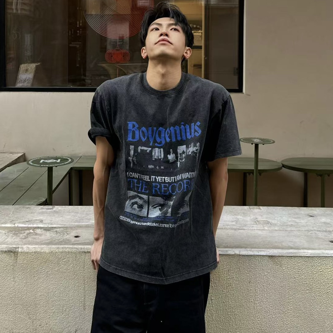 Anywayy人像标语做旧炒色黑色短袖 230g纯棉面料印花Vi