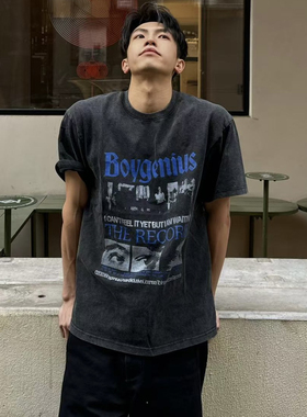 Anywayy人像标语做旧炒色黑色短袖 230g纯棉面料印花Vintage