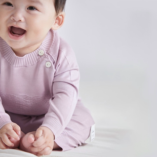 ArborTree 100%桑蚕丝男女宝春秋款浪花纹针织长袖连体衣爬服亲肤