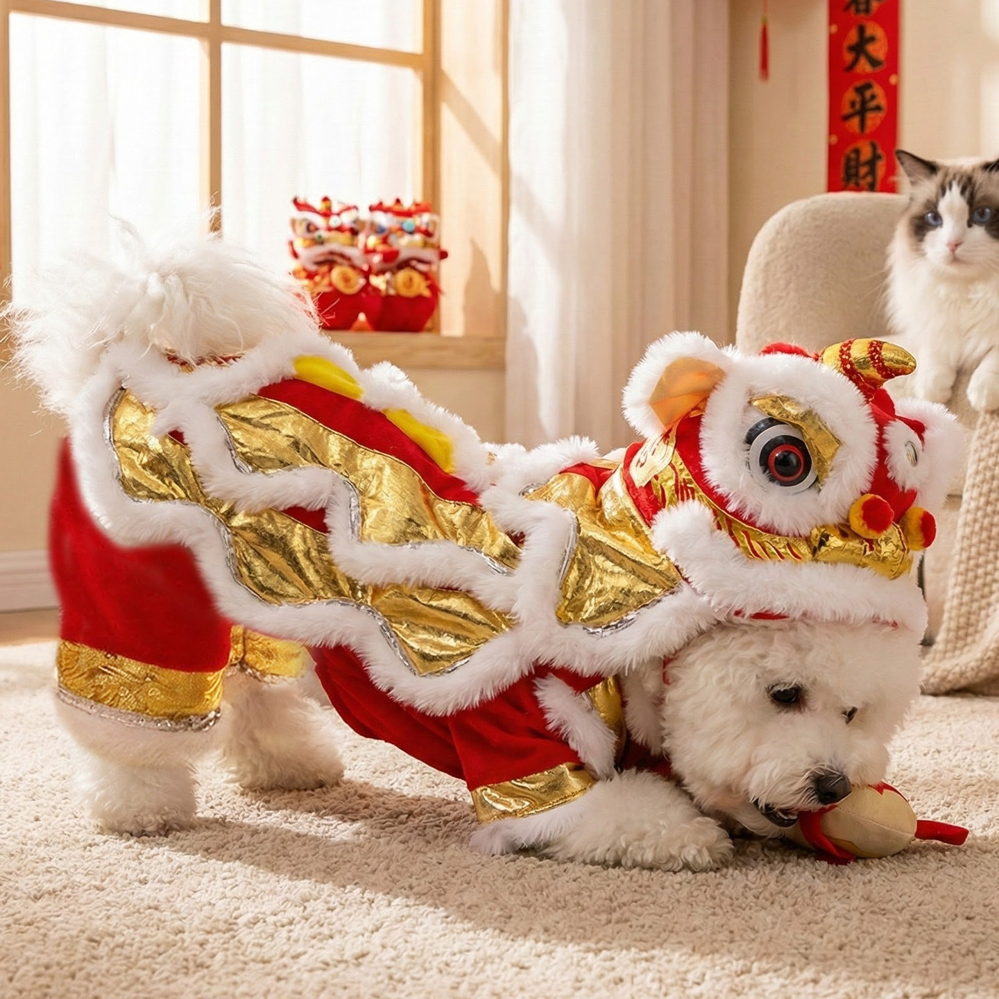 醒狮宠物衣服狗狗舞狮新年冬装保暖防掉毛可爱搞怪加厚创意小型犬