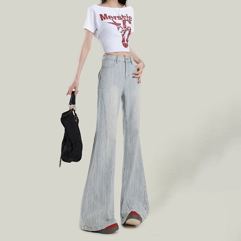 浅色提花微喇牛仔裤女2025年夏季新款高腰显瘦不贴腿拖地喇叭