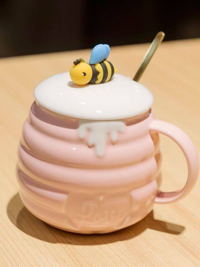 可爱小蜜蜂马克杯带盖勺女生喝水的水杯情侣家用超萌蜂蜜陶瓷杯子