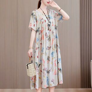中年妈妈大码纯棉绸睡裙夏季女款2026新款碎花人造棉连衣裙可外穿