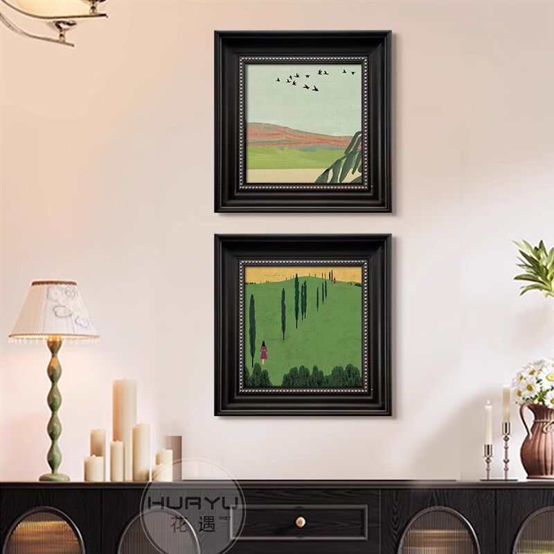 中古风绿色高级感客厅沙发背景墙装饰画餐厅小众艺术挂画复古抽象