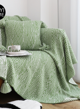 精选MUYI HOME草绿色大吊穗针织毯卧室床尾巾搭毯客厅沙发盖毯毛