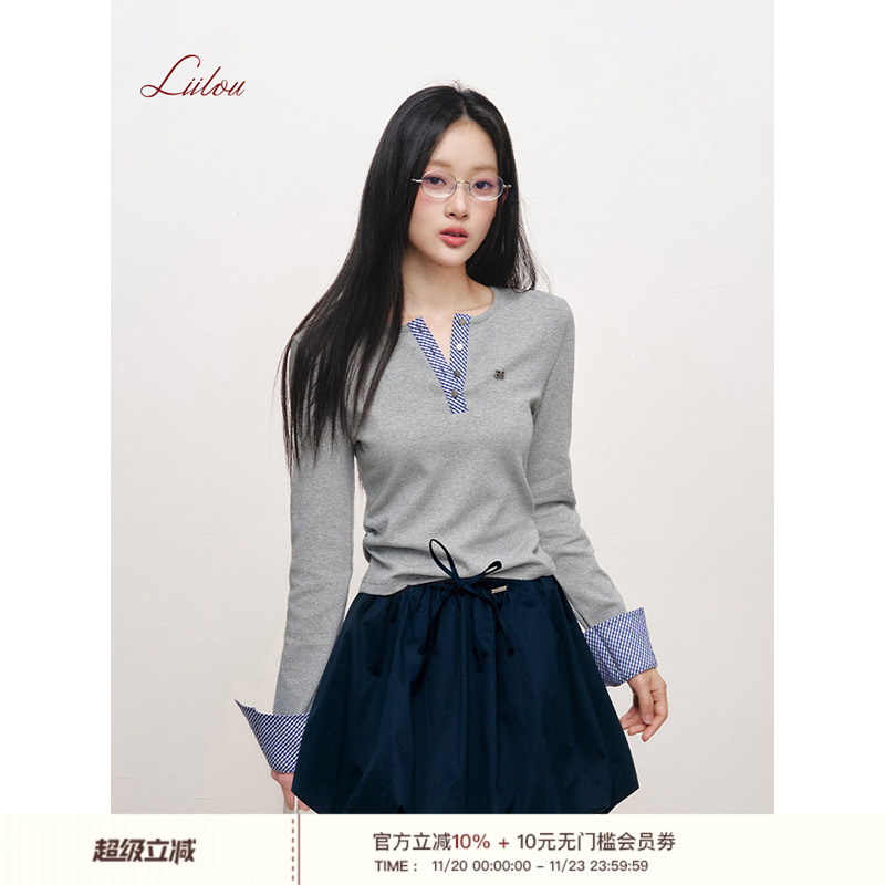 舒适人棉拼接格纹收腰长袖打底