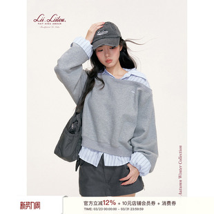 拼接 条纹衬衫 运动斜肩宽松卫衣假两件上衣 高智淡人 Liilou