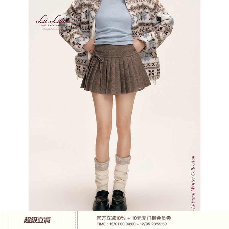 粗纺人字纹百褶毛呢短半裙