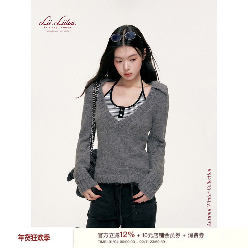 Liilou  clean fit 混纺羊毛 大v领翻领双层袖口假两件毛衣,女装/女士精品,毛衣,淘宝优惠券,粉丝福利购,淘宝优惠卷