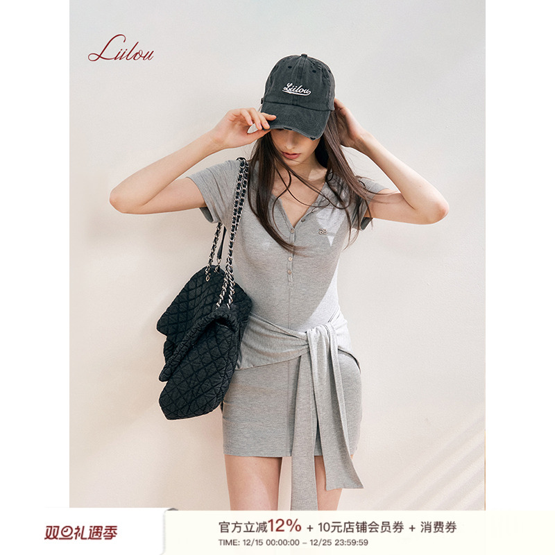 半门襟包臀连衣裙打结搭片真两件