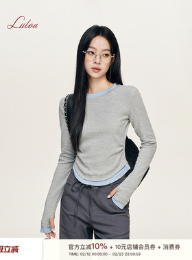Liilou cozy fit 撞色细条纹 圆领修身正肩假两件长袖