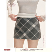 Geek chic 羊毛混纺 Liilou 挺括复古毛呢格纹修身 直筒短半裙秋冬