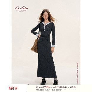 收腰捏褶磨毛竖坑条长袖 撞色拼接 A摆连衣裙 松弛感 Liilou