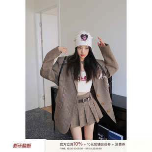 时髦设计感女 半裙套装 Liilou logo绣标撞色格纹呢料西装