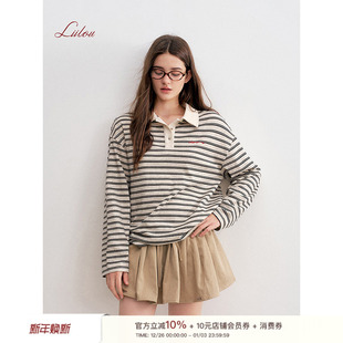 复古慵懒Polo领宽松长袖 卢昱晓同款 撞色条纹 25aw T恤 Liilou