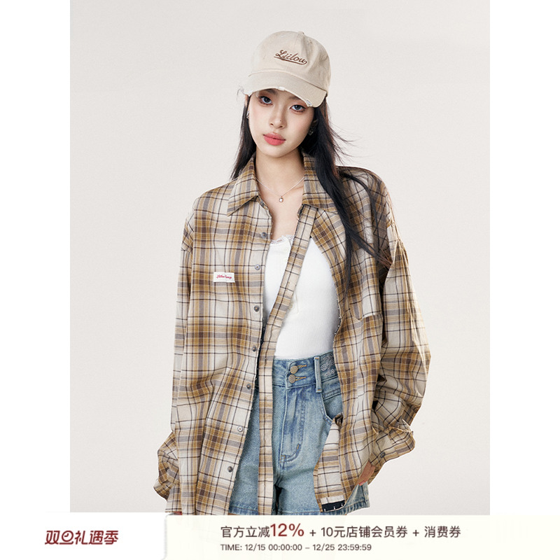 重工暗扣设计复古格纹飘带衬衫