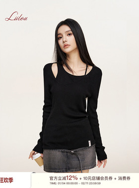Liilou cleat fit 假两件 不规则露肩针织长袖打底衫上衣秋季穿搭