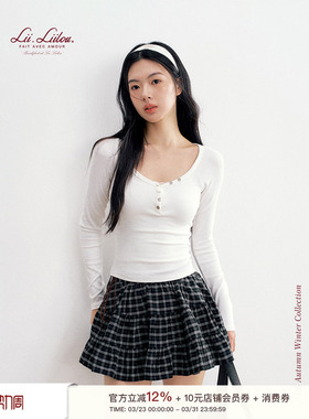 Liilou  clean fit 竖坑条 插肩袖修身调节扣U领长袖打底T恤