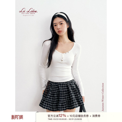 竖坑条插肩袖修身U领长袖打底T恤