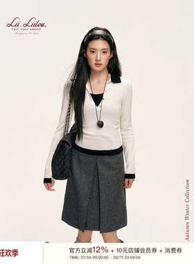 Liilou  Geek chic 绵羊毛混纺 千鸟格粗花呢中长款半身裙