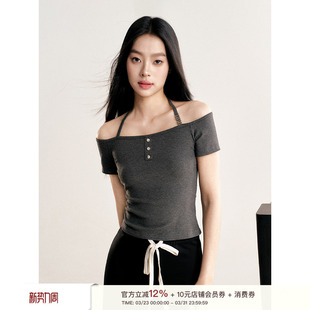 短袖 Liilou 挂脖一字露肩修身 滑动金属标 cleanfit