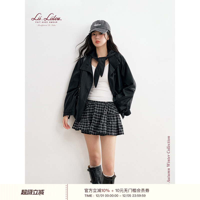 可拆卸帽子翻领宽松皮衣外套