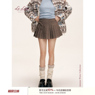 Liilou Style 粗纺人字纹 绵羊毛混纺百褶毛呢短半裙 Preppy